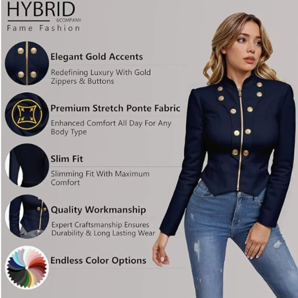 Hybrid & Company Super Stretch Navy Military Crop Blazer with Gold Accents, 1X
